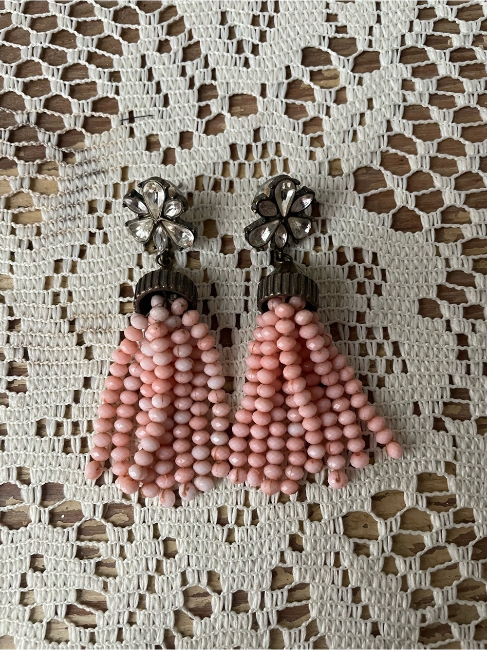 Pink Beaded Chandelier Earrings with Rhinestone Flowers